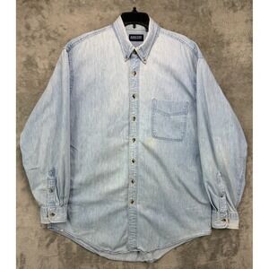 VTG Lands End Denim Shirt XL (17/17.5) Light Blue Cotton Long Sleeve Button Up
